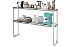 KOMFOTTEU Estantería de 2 Niveles de Acero Inoxidable, Estante Auxiliar para Mesa de Trabajo de Cocina, Tabla de Tabajo con Altura Ajustable 25-38 cm, Sobremesa para Restaurante (122 x 30 x 85 cm)