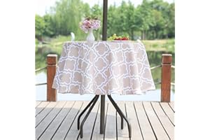 3E Home Outdoor Table Cloth with Parasol Hole Waterproof Garden Patio Round Tablecloth, Table Cover with Zipper for Outdoor Picnics and Parties[52 inches (132 cm) Khaki lattice]