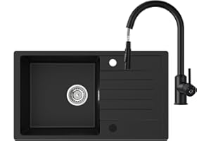 CECIPA - Lavello da cucina con rubinetto allungabile, 78 x 45 cm, reversibile, in granito con scarico e troppopieno, 1 lavello da cucina in granito nero, lavello da cucina con rubinetto