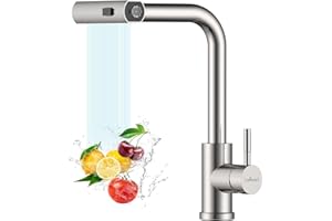 APPASO Grifo Cocina Waterfall, Grifo de cocina de alta presión, Grifo de cocina extraíble con 3 tipos de chorro giratorio 360°, Acero inoxidable Cepillado