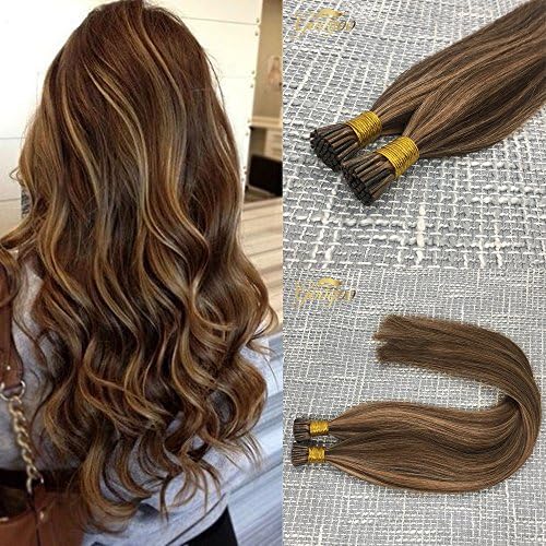 Googoo I Tip Hair Extensions 1g Per Strand 50g Ombre Chocolate Brown Highlighted Caramel Blonde Remy Pre Bonded Hair Extensions Stick Keratin Fusion Hair Extensions 20inch