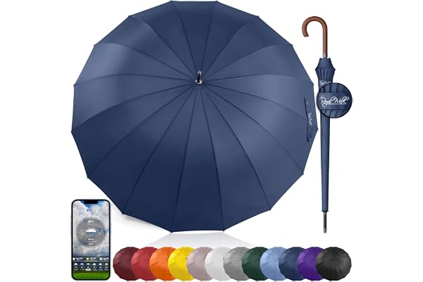 Royal Walk Parapluie Automatique pour Homme et Femme Résistant aux Vent, Solide, Anti Tempete, XXL Grand Taille' Parapluie Canne De Golf Pour 2 Personnes, Poignée en Bois 16 Baleines 120 cm Bleu Foncé