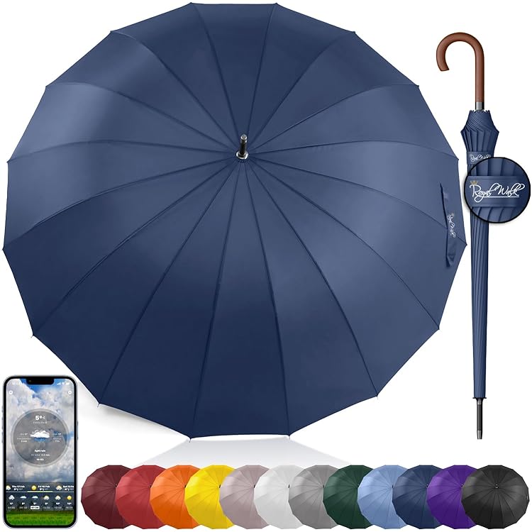 NINEMAX Grote Paraplu Winddicht Sterk, 16 Ribben Stokparaplu's Met Houten Handvat,Heavy Duty Herenparaplu voor Mannen Vrouwen (Marineblauw