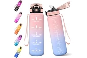 Baramumu Gourde, 1000ML Gourde Paille Adulte, Sans BPA, Bouteille d'eau de Motivation avec Marqueur de Temps, Bouteille Sport pour Salle de Sport, Aire Libre, Yoga - Rose&Bleu ciel