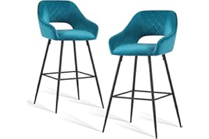 JaHECOME Bar Stools Set of 2 Dark Teal Velvet Padded with Footrest Armrest Kitchen High Stools Supported Black Metal Legs for Breakfast Bar, Counter, Kitchen and Home