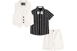 LOLANTA 4-Piece Kids Waistcoat Suit, Boys Wedding Party Shorts Set, Page Boy Outfit, Shirt, Bow Tie, Shorts, Waistcoat