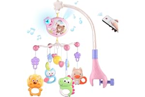 Crib Mobile with Music and Lights, Baby Mobiles for Cribs, Nursery Musical Mobile for Bassinets Toys Hanging Girls Boys, Pack and Play Space Portable Animal Mobile Hanger Arm Clip On Attachment
