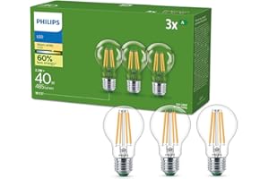 Philips, lot de 3 ampoules LED classe énergétique A, culot E27 équivalent 40W, Blanc chaud 2700K, claire
