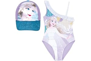 REQUETEGUAY URBAN RU Bañador Frozen Disney Elsa para Playa o Piscina + Gorra Frozen para Niñas | Pack de Bañador y Gorra Disney Frozen | Bañador Frozen con Volante y Gorra Disney