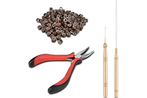 Colexy 200 Piezas Micro Anillos y 1 Piezas Alicates 2 Piezas Agujas Gancho, Extensión de Cabello con Micro Anillo, Kit de Herramientas de Extensión de Cabello (marrón claro)