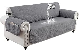 DSechcrsL Sofa Cover 3 Seater, 100% Waterproof and Non-Slip Sofa Protectors Slipcover with 6 Side Pocket, 3 Seats Couch Covers with Adjustable Elastic Strap for Kids, Dogs, Easy To Clean,Grey