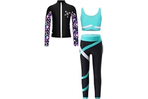 TiaoBug Enfant Fille Ensemble Patinage Artistique Vestes Top Strass Zippée Manches Longues et Débardeur Legging de Sport Survêtement Justaucorps Gymnastique 5-16 Ans