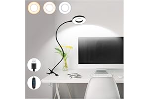 Jigerjs Lámpara con clip，Lámpara de Escritorio USB 48 LED, 3 Modos de Colory 10 Niveles，Flexos de Pinza con Clip Luz Lectura para Lectores Estudio, Cama, Libro,Estudiar (1 Pack)