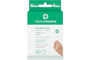 Cerotti Verruche - Verruche Rimozione - Mani e Piedi - Acido Salicilico Verruche - Indolore e Pratico - Adulti e Bambini 4+ - Confezione da 16 Cerotti e 16 Dischetti - Dermovitamina Micoblock 3in1
