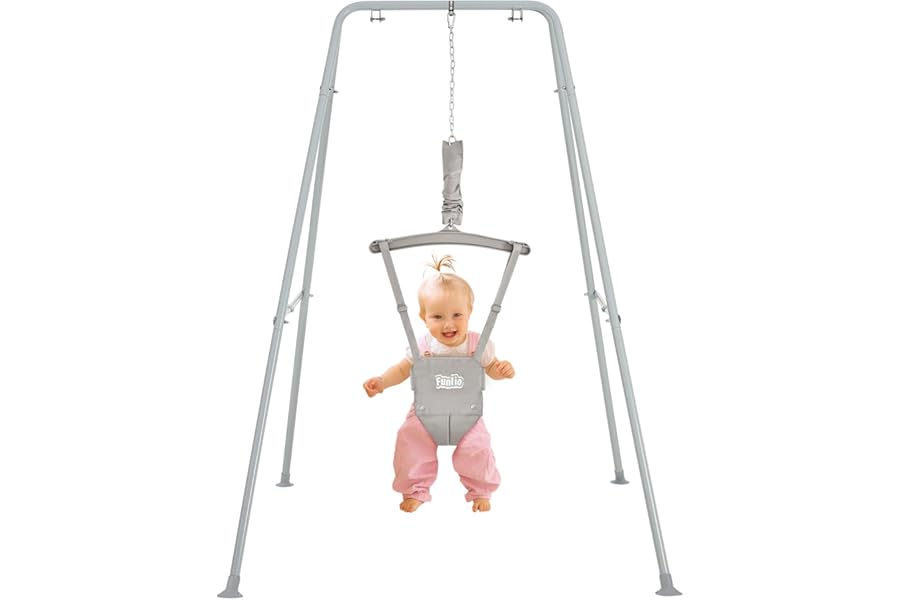 FUNLIO Baby Jumper with Stand for 6-24 Months, Infant/Outdoor Play, Toddler Jumper for Baby Girl/Boy, Adjustable Chain, Easy Assembly & Storage - Grey