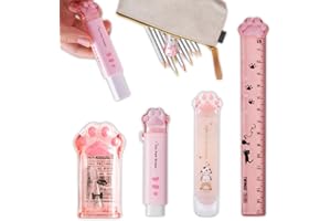 WHYCNJL 4 Teiliges Schreibwaren Set mit Niedlichen Katzenpfoten, Cartoon Kawaii Bleistiftspitzer einziehbarer Radiergummi Korrekturband Lineal Briefpapier-Set für Studenten(Rosa)