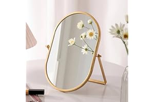 Gosider Schminkspiegel Oval Klappspiegel Gold Metallständer Tragbar Klappbar Hochglanz Spiegel Schwenkbar für Schminktisch Wohnzimmer Schlafzimmer Badezimmer