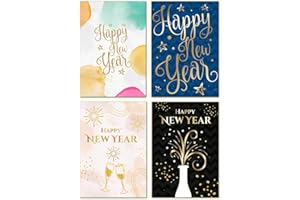 Giftinghouse Happy New Year Cards 2026 Pack of 12/24/48 - Gold Foil Greeting Cards Multipack with White Envelopes - Blank Inside Eco-Friendly Card Set for friends and family. (12 CARDS)
