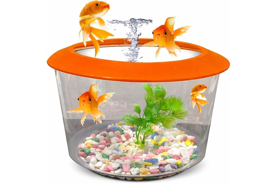 Pet Guru Premium Crystal Clear Fish Bowl Aquarium with Lid, Decorative Gravel and Plant Included, Durable Plastic, Perfect for Goldfish (Orange)