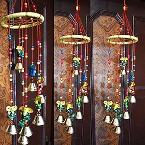 BRG Bharat Gifts Handicraft Beautiful Wall Hanging,Wind Chime for Home Decor Wind Chime Handcrafted Round Bells Desing Wood Windchime (12x6x22 cm, multicolours) plasstic Windchime Pack of 1,Wood