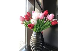 witgift Künstliche Tulpen, 20 Stück künstliche Tulpe Blume Latex Real Touch Bridal Wedding Bouquet für Hochzeitszimmer Home Hotel Party Dekoration (Hellrosa tiefrosa rot)