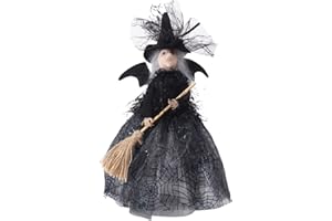 belupai 11in Halloween Decoration Tree Topper Witch, Halloween Witch Figurines with Black Spider Web Skirt Halloween Table Shelf Decor for Halloween Props Party Ornaments(Black)