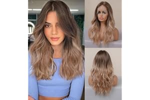 VEBONNY Braun zu Goldblonde Lockige Perücken für Frauen, Ombre Schmutzblonde Kunsthaar Blonde Perücke Schulterlänge Bob Lace Front Perücken 18 Zoll VEBONNY-095