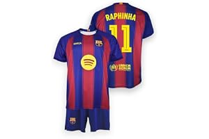 FCB FC Barcelona barnset – Raphinha nr 11 T-shirt och byxor – 1:a outfit 25/26 – officiell replika - storlek 12 år