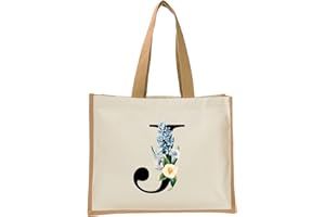 BANG TIDY CLOTHING Monogram Initial Canvas Jute Tote Bags for Women - Cotton Jute Shoulder Bags, Reusable Bags for Shopping, Gift bags, Book Bag, Travel Bag, Shopper Bags - Floral Letter Tote Bags