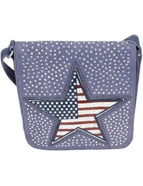 ROSENROT - US STAR - Umhängetasche aus Canvas mit Strass Stern und Flagge, Jeans Stoff Leder Optik - 30x28x7