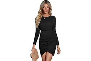RPAEOY Vestido Mujer Elegante Manga Larga Cuello Redondo Dobladillo Cruzado Plisado Ajustado de Classy Retro Color Sólido Cóctel Vestidos de Noche Fiesta Clubwear Ceremonia Dress Invierno