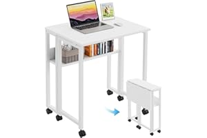 GreenForest Pequeño Escritorio Plegable con Estante de Almacenamiento y Ruedas,Mesa para el Ordenador, fácil de Montaje y Ahorro de Espacio para Officina,Blanco