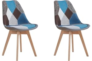 BenyLed Set di 2 Sedie per Sala da Pranzo Sedia da Scrivania in Tessuto di Lino Patchwork Gambe Legno Moderno (Blu-2pcs)