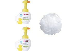 THINK OUTSIDE THE GIFT Kids Liquid Soap Bundle which Contains Hipp Babysanft Wash Foam Duck 250ml - Pack of 2 with Shower Puff