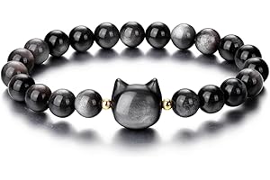 Ticome Cat Black Obsidian Bracele,Stretch Cat Stone Bead Bracelets Cool Good Luck Presents for Women Men Girls or Cat Lovers