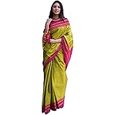 Very Much Indian Handloom Cotton Viscose Ilkal Saree for Women With Pure Resham Pallu Bright Green With Rose Pink Border Incl