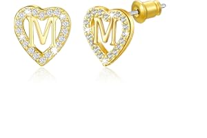 MISS CHIPMUNK Heart Stud Earrings for Girls Women14K Gold Plated Hypoallergenic Heart Shaped Cubic Zirconia Alphabet Letter Earrings Birthday Gifts for Women