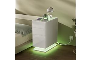 ‎CHLEBY Chleby Modern Hochglanz-Nachttisch Schmal Weiße Nachttisch mit Ladefunktion Nachttische Schmaler Beistelltisch mit 3 Schublade und Bücherregal-Stil A