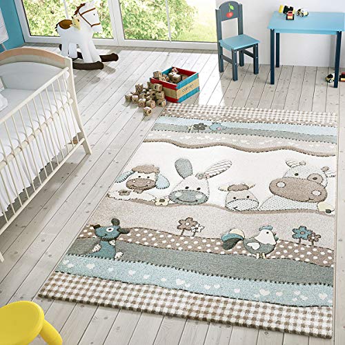 Kinder Teppich Moderner Spielteppich Bauernhof Tiere Pastell Töne In Beige Creme, Größe:80x150 cm