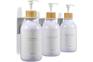 MaisoNovo Dispenser Shampoo e Bagnoschiuma-Dispenser Sapone Doccia a Parete-Dispenser Sapone Muro-Dispenser Sapone Bagno a Muro - Set da 500 ml di 3 Bottiglie di Plastica Bianca, Pompa in Bambù Bianco