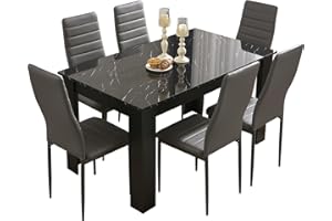 Blisswood Dining Table Set, Dining Table And Chair Set, Pu Leather Dining Room Chairs and 17mm Thick Table Top Long Modern Dining Set (Black Marble Table And 6 Grey Chair)