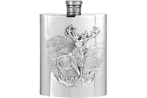 ENGLISH PEWTER COMPANY SHEFFIELD, ENGLAND English Pewter Company SF290 - Fiaschetta in peltro con motivo "Majestic Stag", in rilievo, 170 ml, con imbuto, sacchetto regalo in velluto e confezione regalo