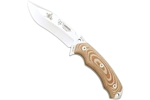 Cudeman Cuchillo 124-X* JJSK1 Hoja de Acero Inoxidable MoVa 1.4116 de 12 cm empuñadura de micarta marrón de 11,5 cm para Caza, Pesca, Supervivencia y bushcraft + Portabotellas Regalo