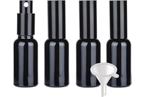 PQPAUTY TIANZD 4 Piezas Botella de Cristal Negro con Bomba en Spray 30ml, Frasco de vidrio con Pulverizador Negro para Aceites Esenciales Perfume Envase Cosmético, Embudo