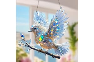 FZYSJVE Crystal Sky Bluebird Stained Art Ornament, 8 Inches Acrylic Radiant Hummingbird Stained Glass Decor, 2d Flat Colorful Bird Window Hangings, Double-Sided Sun Catcher for Home Indoor Gardens Patio(1pcs)