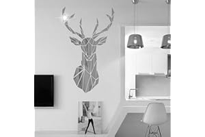 CONBLOM Pegatinas de pared de espejo de cristal acrílico 3D, elegante pegatina de pared con cabeza de ciervo para sala de estar, dormitorio, TV, sofá, fondo, arte de pared (86 * 51 cm, plateado)