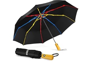 BESTKEE Ombrello Pieghevole, Ombrello Tascabile, Automatico Apri Chiudi, rivestimento in teflon 210T, 8 Stecche Costole Arcobaleno, ombrello da viaggio per uomini e donne, Diametro 100 cm (Nero)