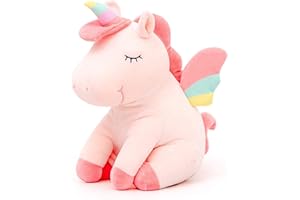 SNOWOLF Unicorno di peluche a forma di unicorno, simpatico e morbido cuscino con ali dell'arcobaleno, giocattolo Kawaii per bambini e ragazze (Pink, 55 cm)