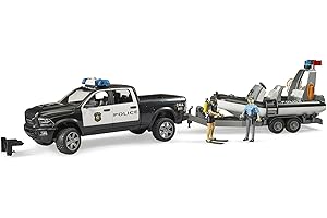 bruder 02507 - RAM 2500 Polizei Pick-up, Light and Sound Modul, Anhänger mit Boot, 2 Figuren - 1:16 Einsatzwagen, Rettungsdienst, Polizistin, Taucher, Geländewagen, Schlauchboot, bworld, Spielzeug