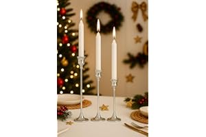 MARCO PAUL INTERIORS Marco Paul 3 Pack Silver Christmas Candle Holder – Candle Set with Unscented Candlesticks & Metal Holders - Dinner Candles for Xmas Table Decor, Festive Centrepiece, Wedding Decor & Mantelpieces